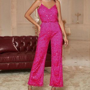 Pink Preppy Womens Double Crazy Sequin Cami Jumpsuit